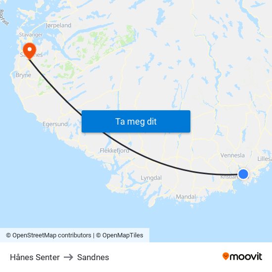 Hånes Senter to Sandnes map