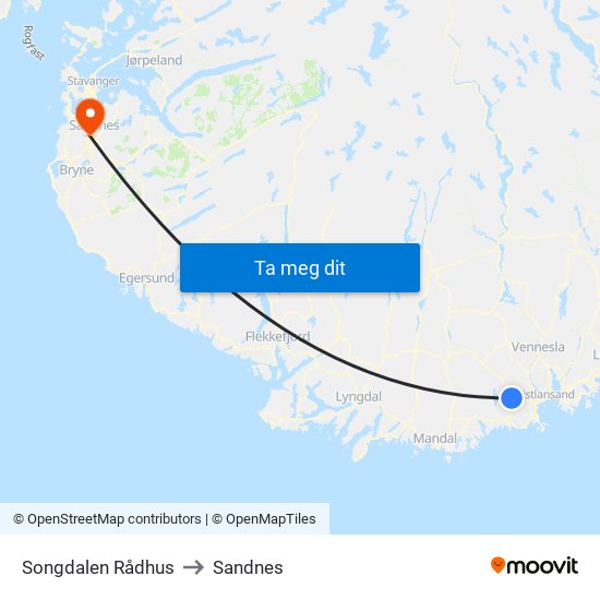 Songdalen Rådhus to Sandnes map