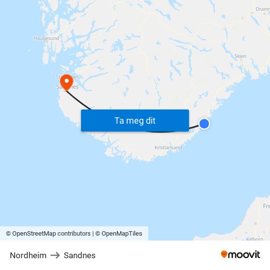 Nordheim to Sandnes map