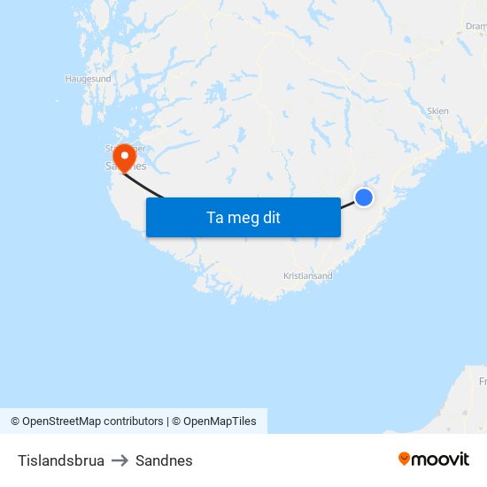 Tislandsbrua to Sandnes map