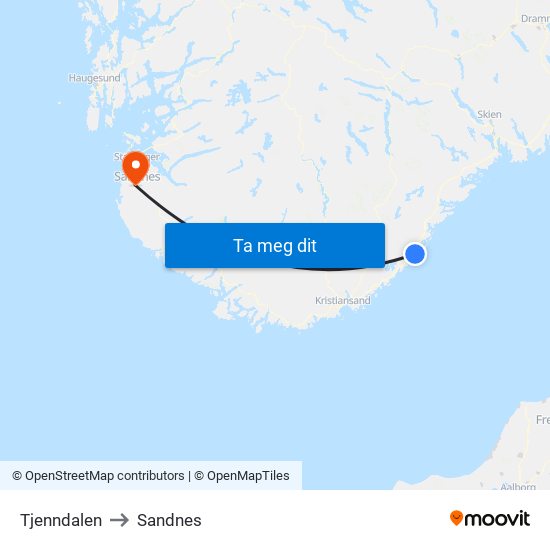 Tjenndalen to Sandnes map