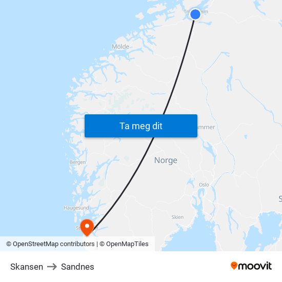 Skansen to Sandnes map
