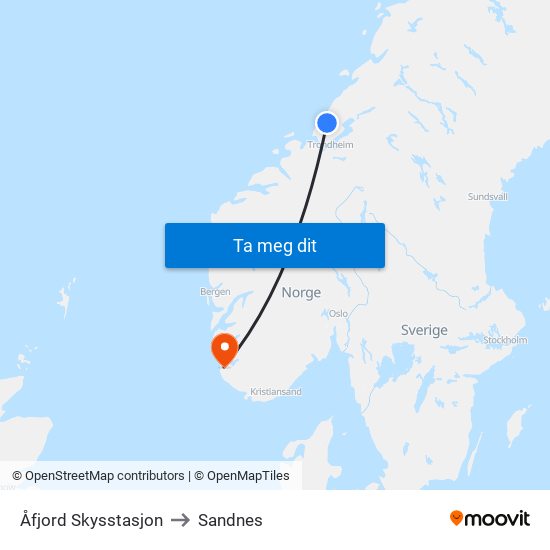 Åfjord Skysstasjon to Sandnes map