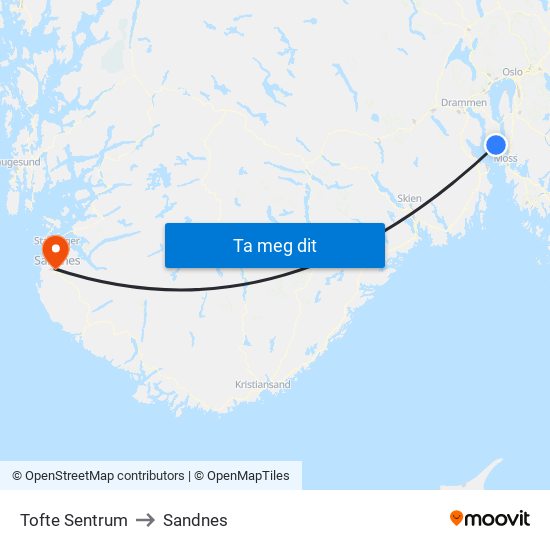 Tofte Sentrum to Sandnes map