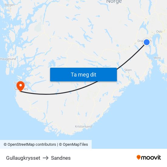 Gullaugkrysset to Sandnes map