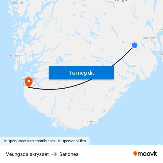 Veungsdalskrysset to Sandnes map