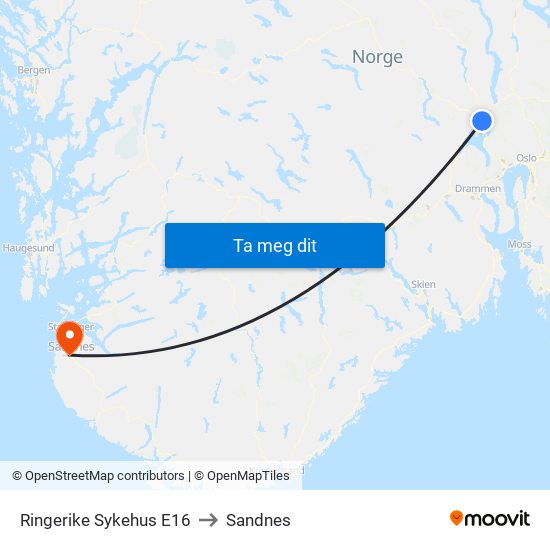 Ringerike Sykehus E16 to Sandnes map