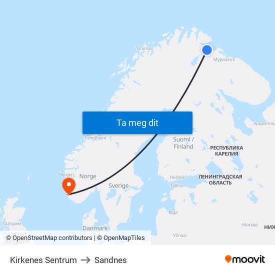 Kirkenes Sentrum to Sandnes map