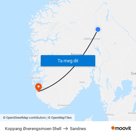 Koppang Øverengsmoen Shell to Sandnes map