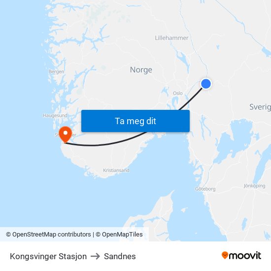 Kongsvinger Stasjon to Sandnes map