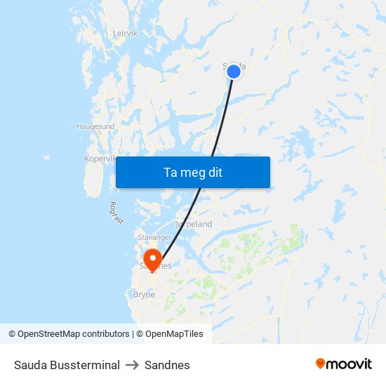 Sauda Bussterminal to Sandnes map
