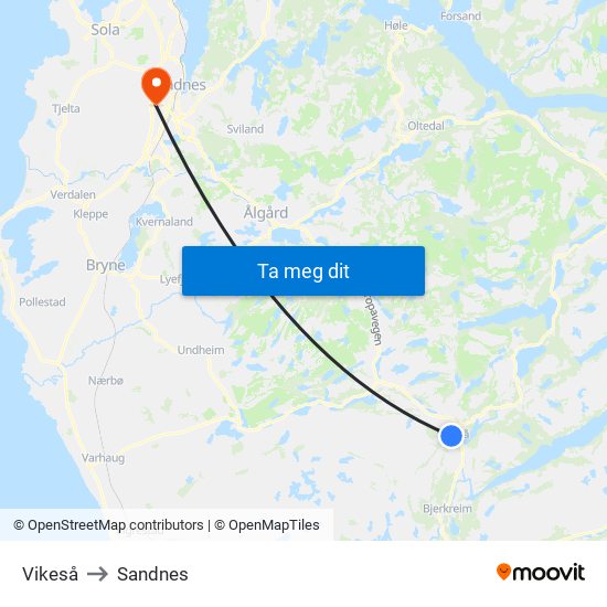 Vikeså to Sandnes map