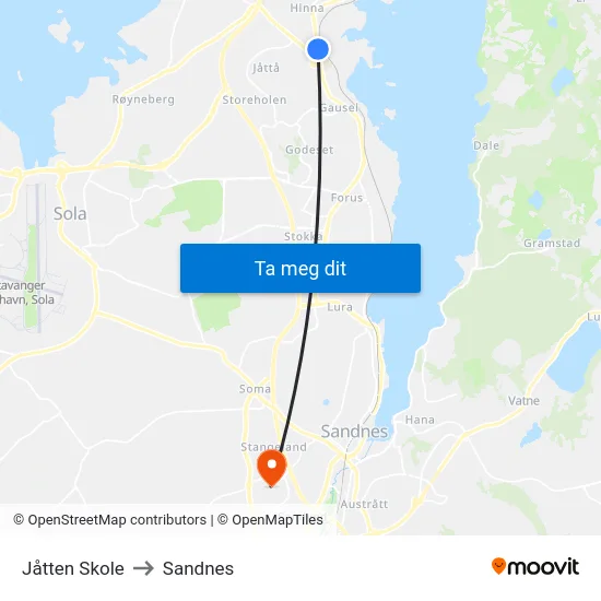 Jåtten Skole to Sandnes map
