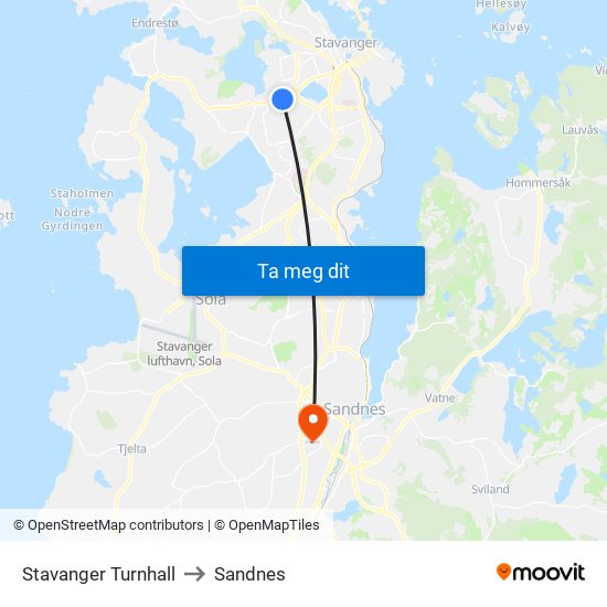 Stavanger Turnhall to Sandnes map