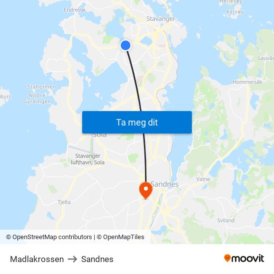 Madlakrossen to Sandnes map
