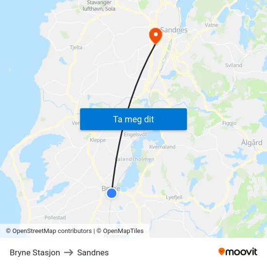 Bryne Stasjon to Sandnes map