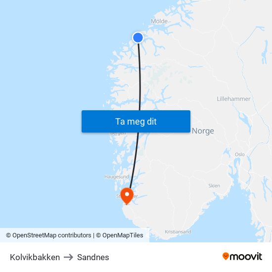 Kolvikbakken to Sandnes map