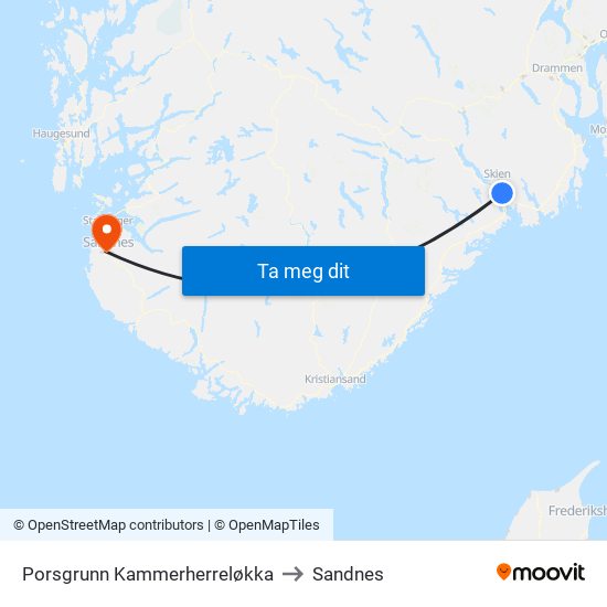 Porsgrunn Kammerherreløkka to Sandnes map