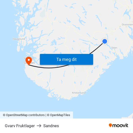 Gvarv Fruktlager to Sandnes map