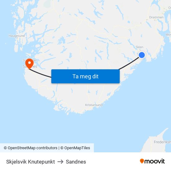 Skjelsvik Knutepunkt to Sandnes map