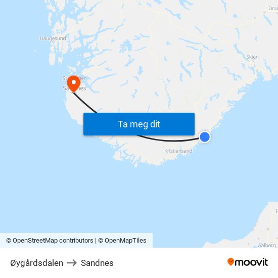 Øygårdsdalen to Sandnes map