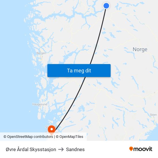 Øvre Årdal Skysstasjon to Sandnes map