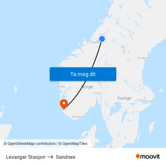 Levanger Stasjon to Sandnes map