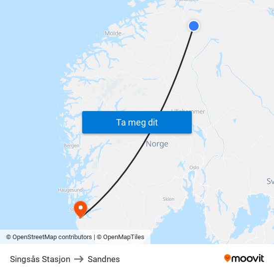 Singsås Stasjon to Sandnes map