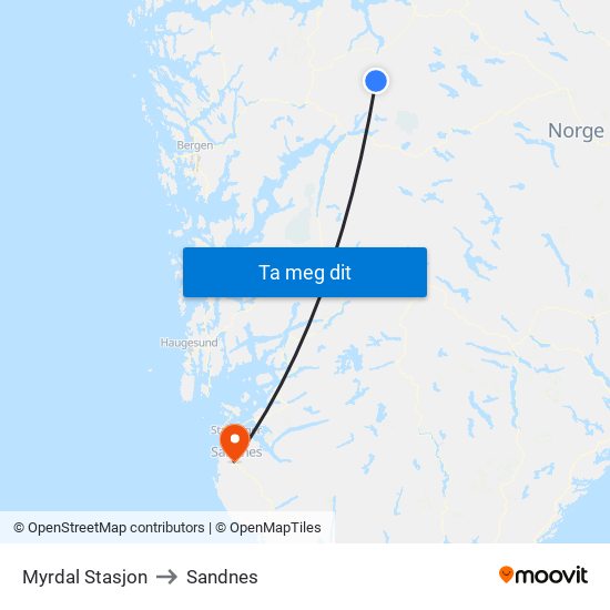 Myrdal Stasjon to Sandnes map