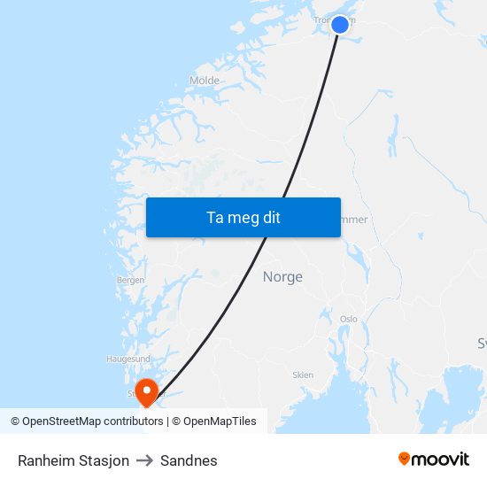 Ranheim Stasjon to Sandnes map