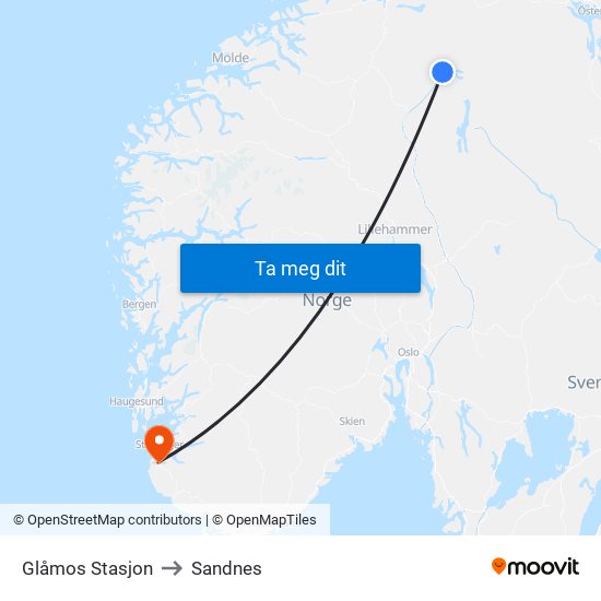 Glåmos Stasjon to Sandnes map