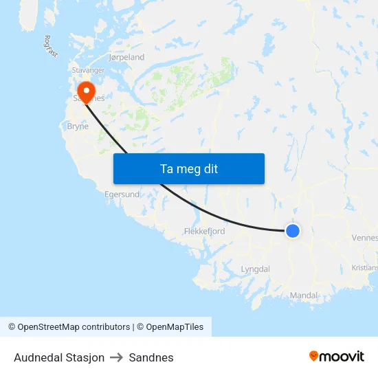 Audnedal Stasjon to Sandnes map