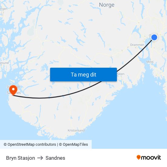 Bryn Stasjon to Sandnes map