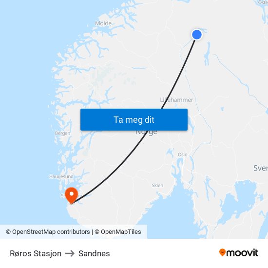 Røros Stasjon to Sandnes map