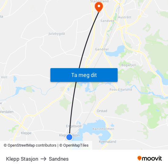 Klepp Stasjon to Sandnes map