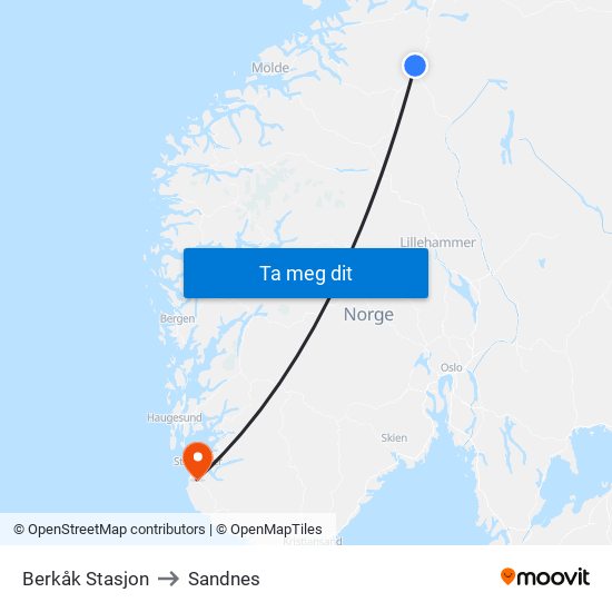 Berkåk Stasjon to Sandnes map