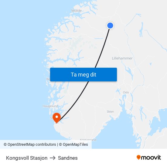 Kongsvoll Stasjon to Sandnes map