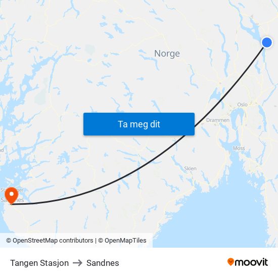 Tangen Stasjon to Sandnes map