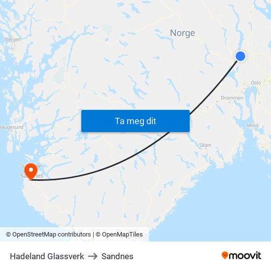 Hadeland Glassverk to Sandnes map