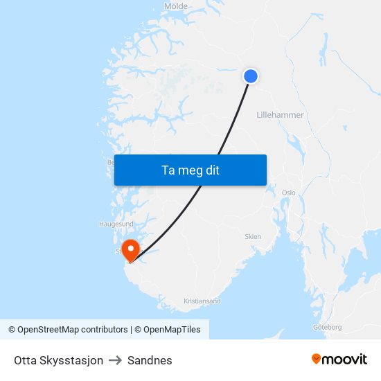 Otta Skysstasjon to Sandnes map