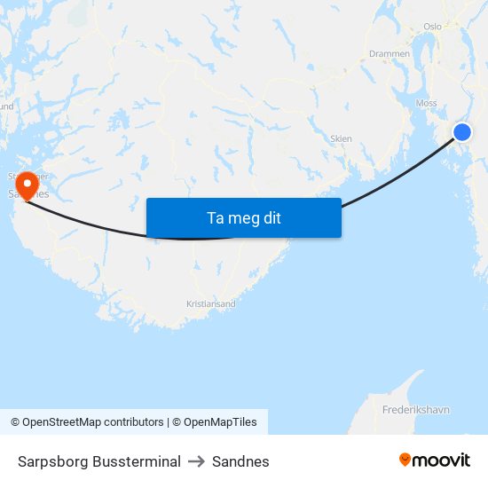 Sarpsborg Bussterminal to Sandnes map