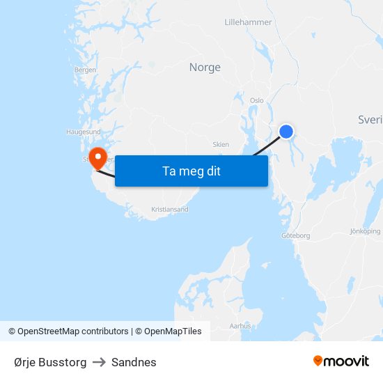 Ørje Busstorg to Sandnes map