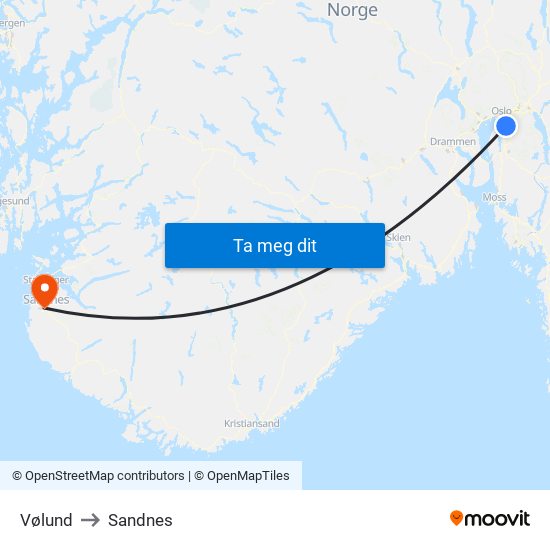 Vølund to Sandnes map