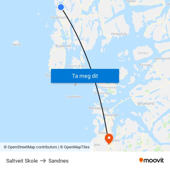 Saltveit Skole to Sandnes map