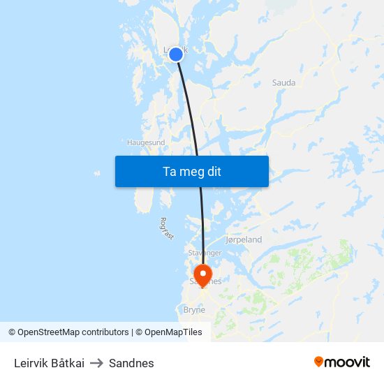 Leirvik Båtkai to Sandnes map