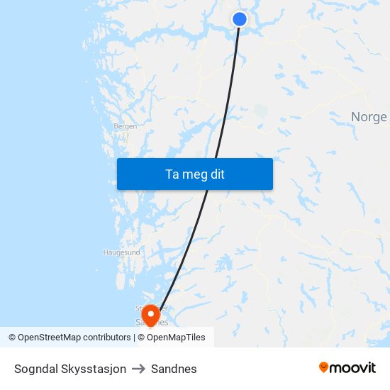 Sogndal Skysstasjon to Sandnes map