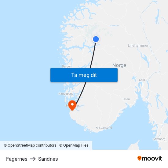 Fagernes to Sandnes map