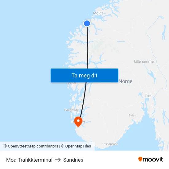 Moa Trafikkterminal to Sandnes map