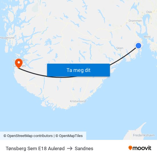 Tønsberg Sem E18 Aulerød to Sandnes map