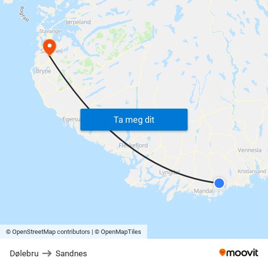 Dølebru to Sandnes map